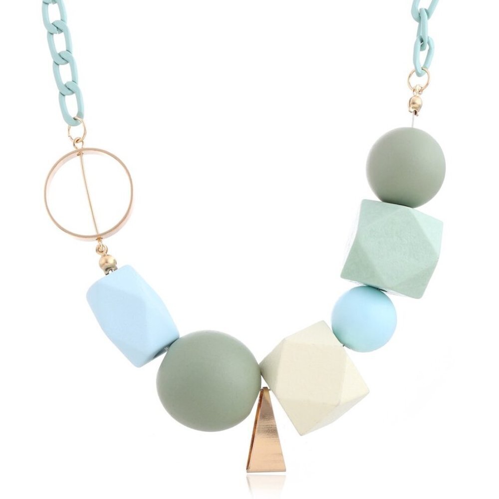 Statement bead beaded necklace jewelry fashion green blue wood wooden brand new